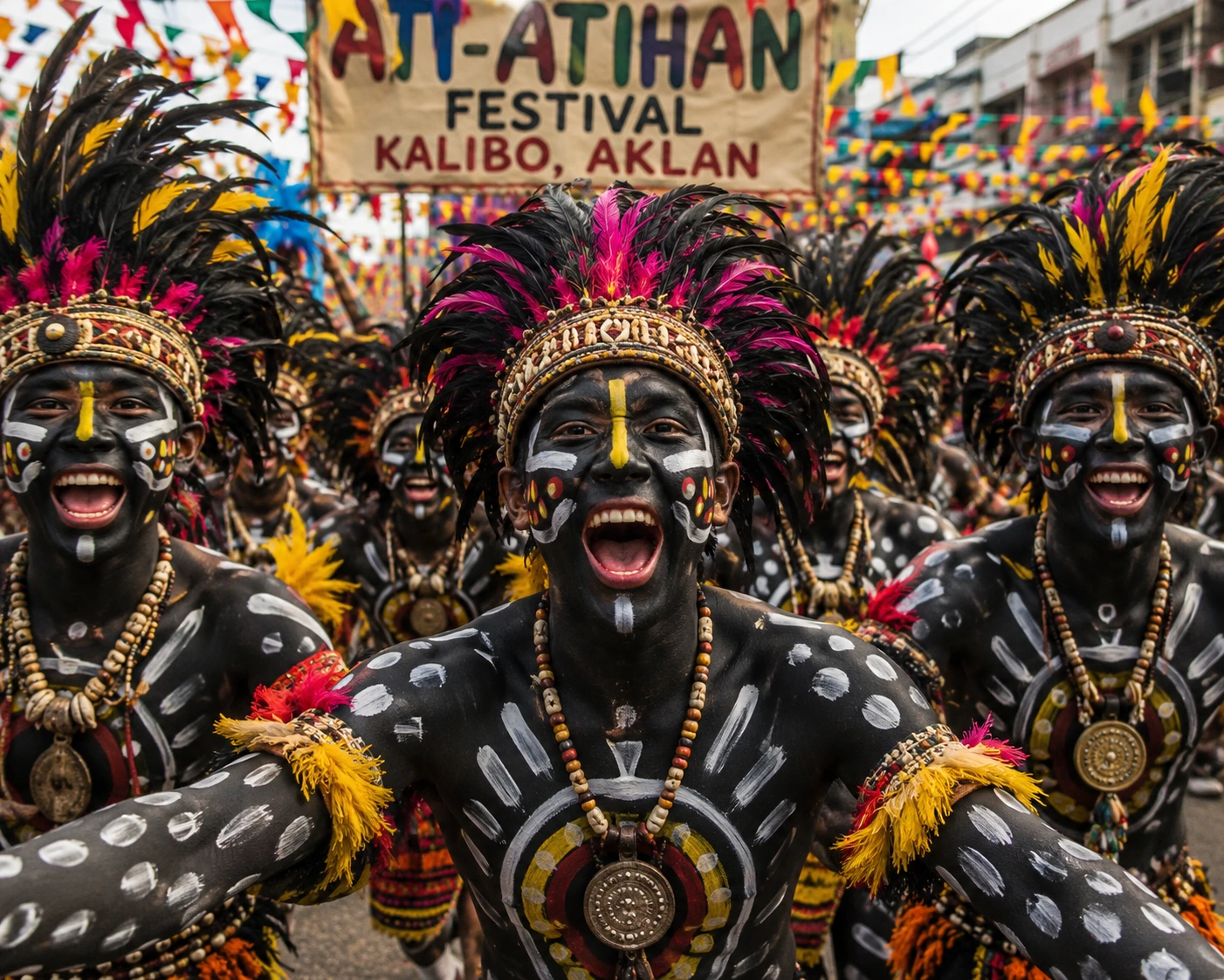 Ati-Atihan Festival Kalibo Aklan — participant with face and body painted black in traditional soot, wearing elaborate tribal costume and headdress during the Mother of all Philippine Festivals