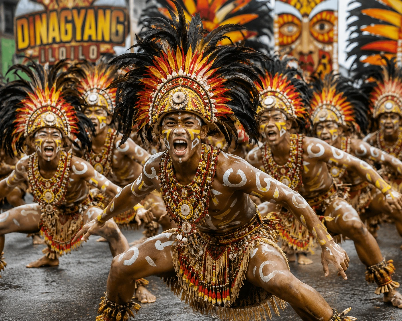 Dinagyang Festival Iloilo City — competing tribal dancers in elaborate costumes with headdresses and body paint performing choreographed routines in the streets of Iloilo during the 4th Sunday of January