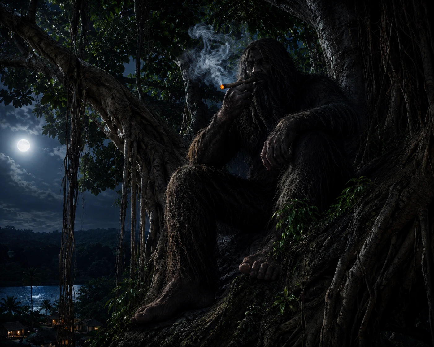 Kapre — giant dark-skinned hairy Philippine mythical creature sitting in a large balete tree, smoking a giant tobacco pipe at night