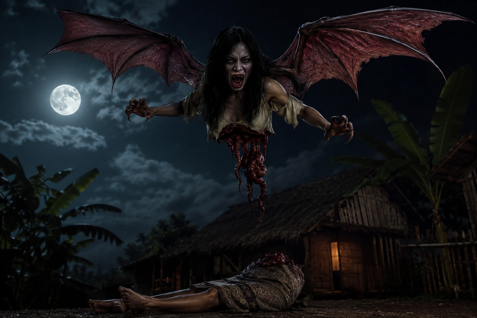 Manananggal — Filipino mythical creature that separates its upper body from its lower half, growing bat-like wings to fly and hunt at night