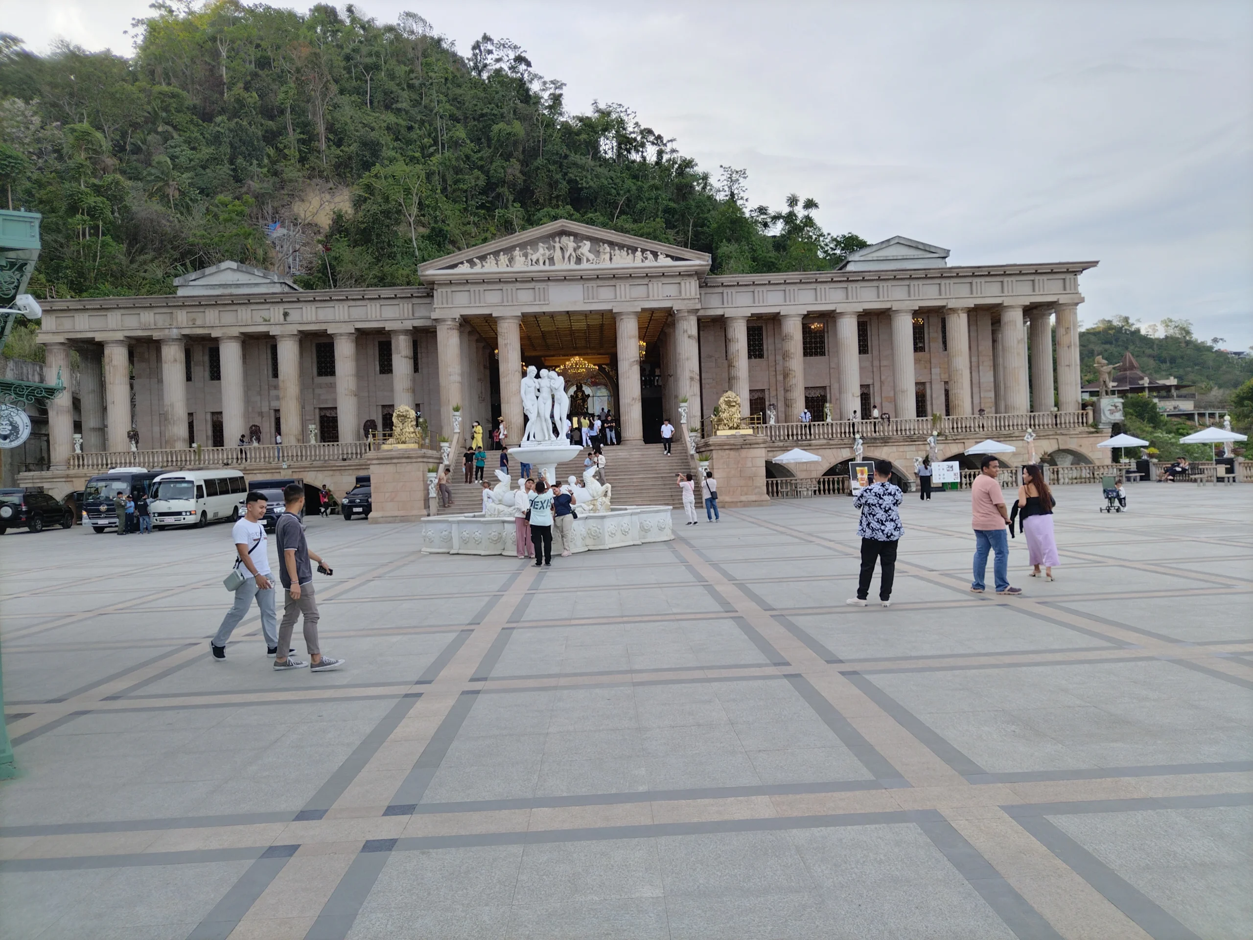 Temple of Leah Cebu — grand Roman-inspired facade with bronze lion statues, marble columns, and panoramic views of Cebu City from Barangay Busay