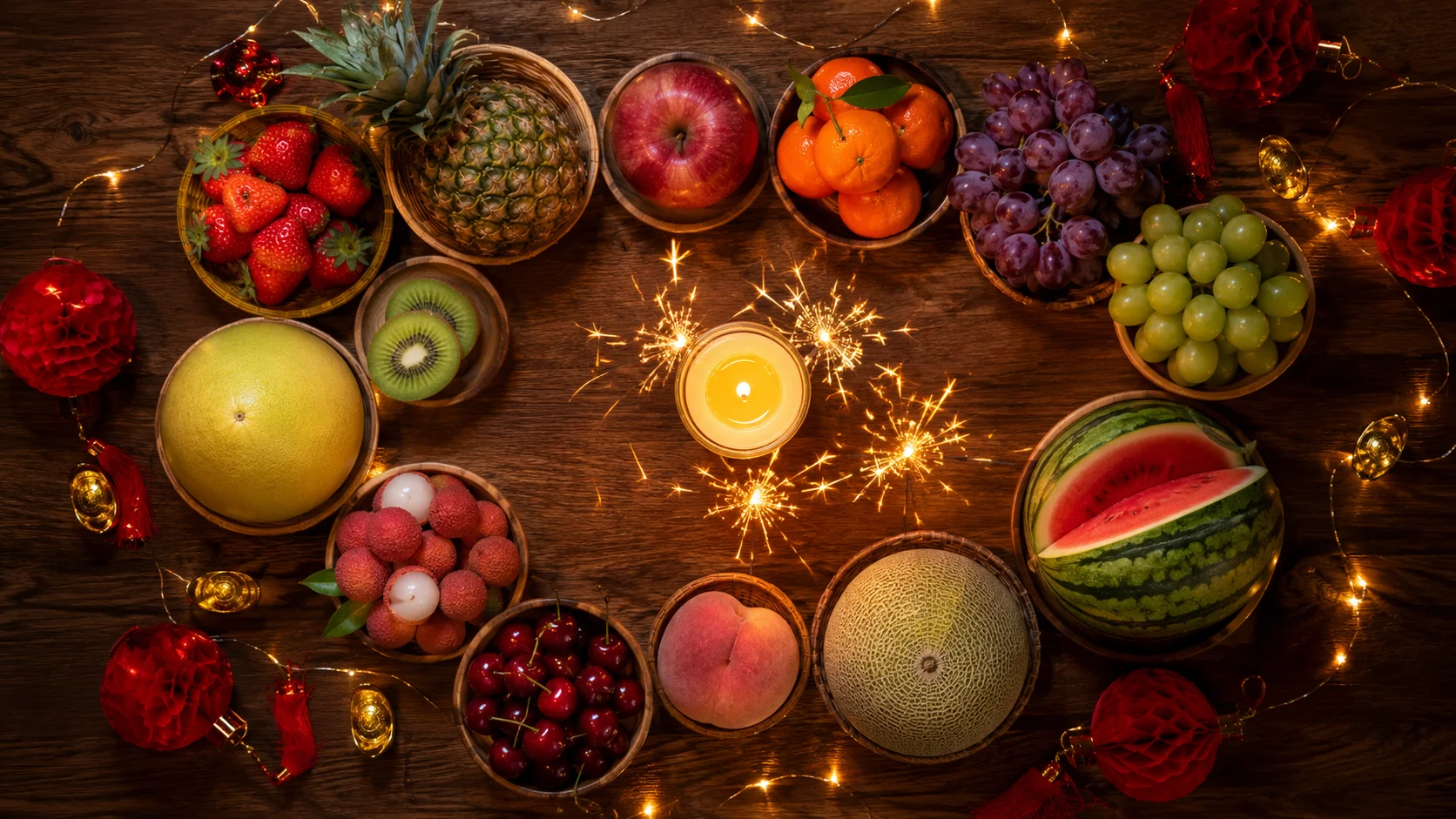 12 round fruits Media Noche Philippines — twelve different round fruits arranged in a circle on a New Year's Eve table: apple, orange, grapes, watermelon, melon, peach, cherries, lychee, pomelo, kiwi, strawberries and pineapple