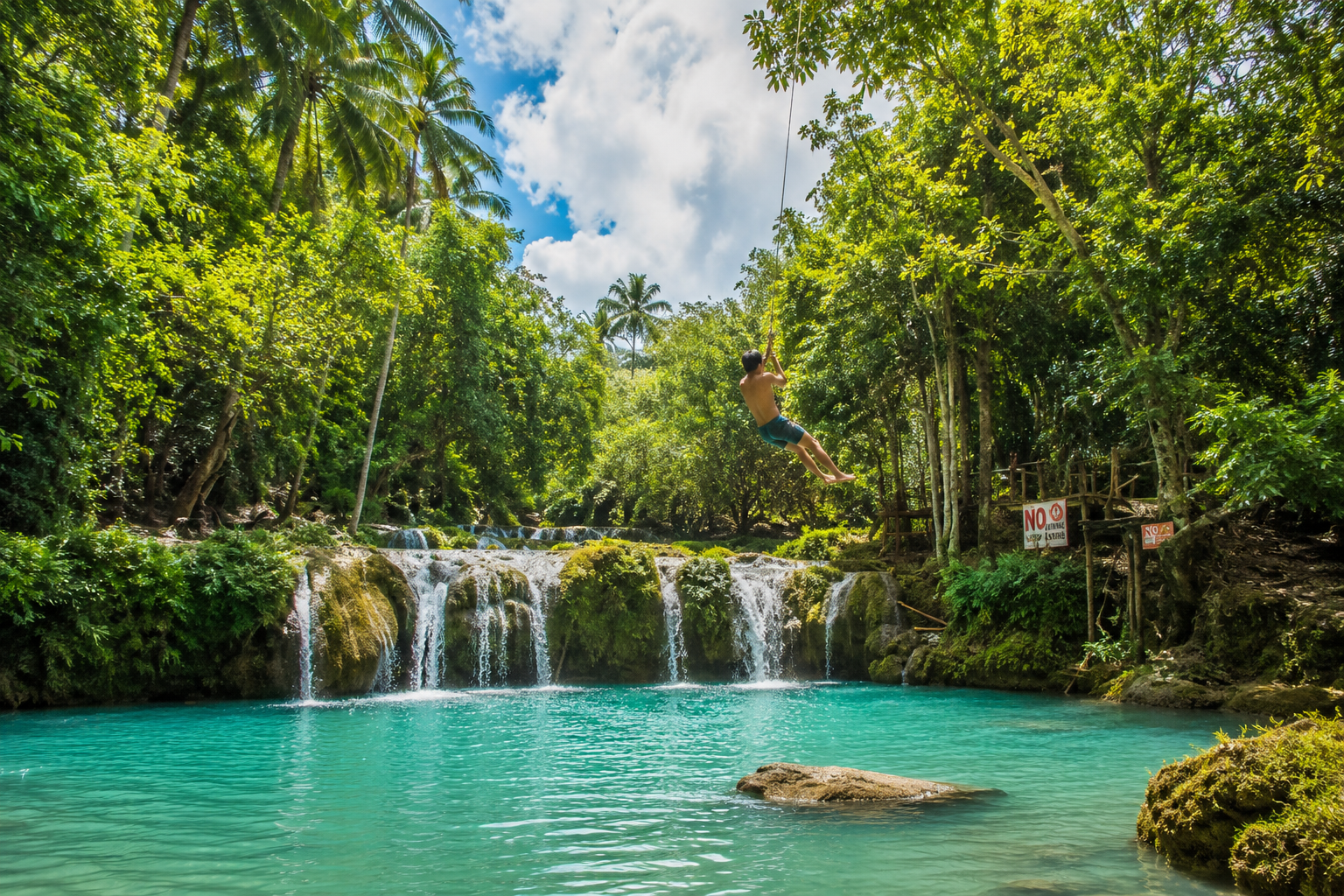 Cambugahay Falls turquoise cascading pools with rope swing and bamboo raft — the highlight of any 3-day Siquijor itinerary in the Philippines