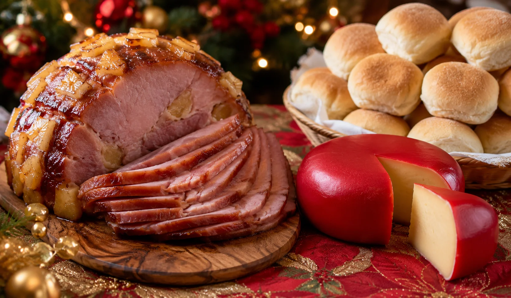 Hamon and queso de bola Filipino Noche Buena — sliced sweet pineapple-glazed Christmas ham on a wooden board beside a red wax queso de bola Edam cheese ball with a wedge cut out, with pandesal rolls