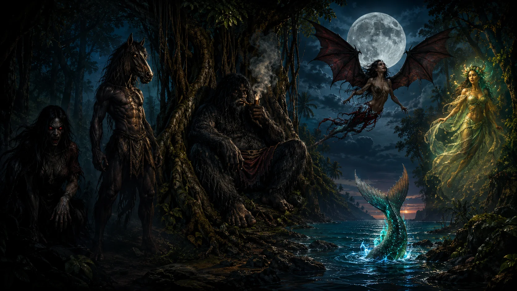Philippine mythical creatures illustration — Aswang, Tikbalang, Manananggal, Kapre, Duwende and Sirena from Filipino folklore