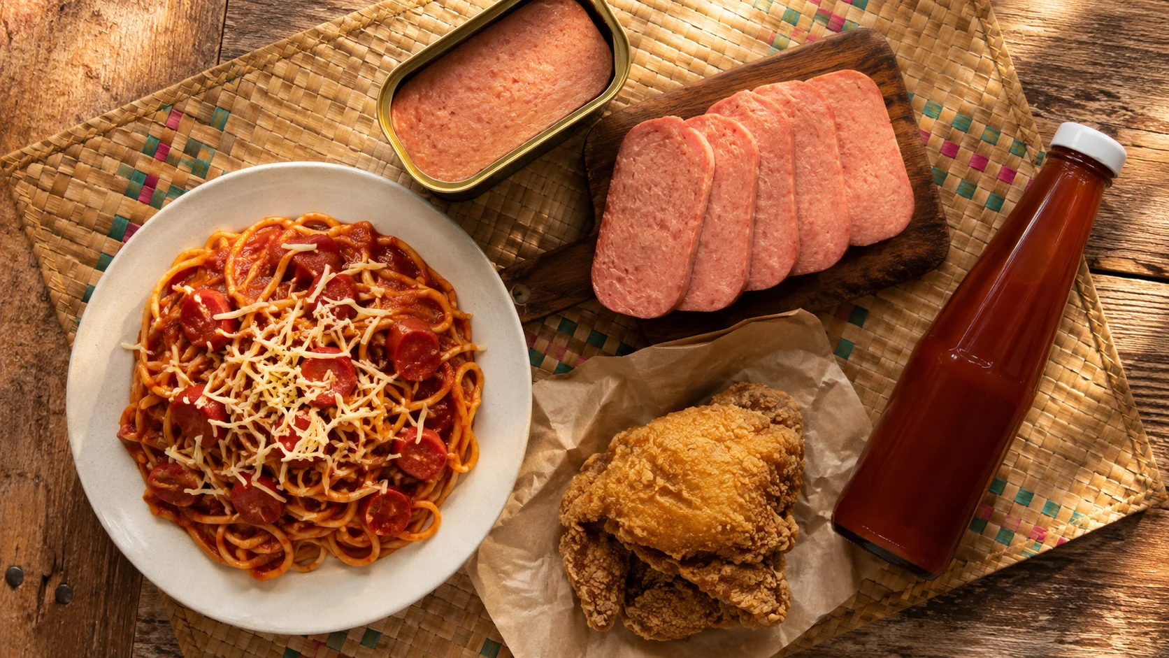 American food influences in the Philippines — Filipino-style sweet spaghetti with hot dogs, Spam, banana ketchup, and Jollibee Chickenjoy displayed together