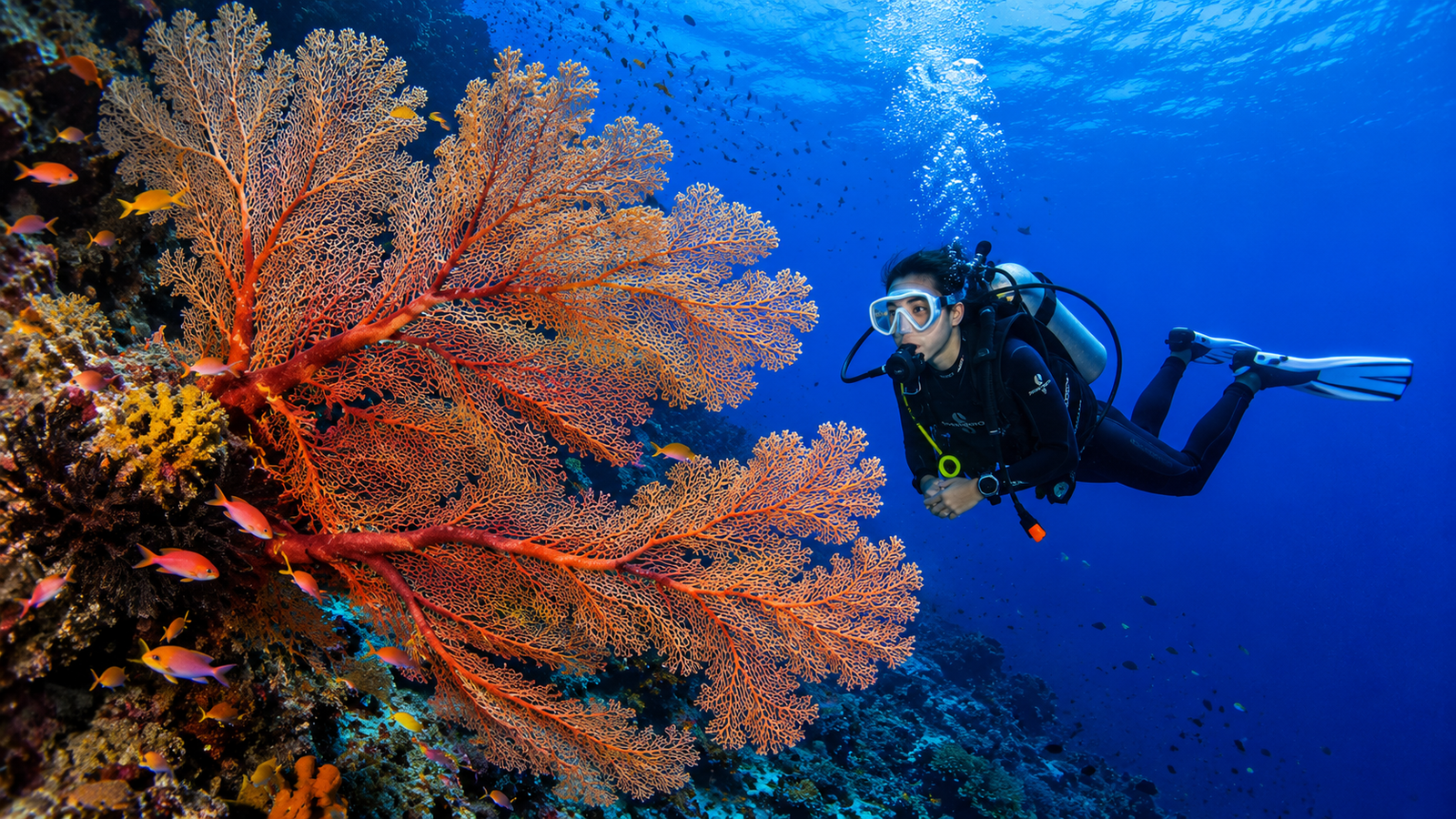 Scuba diver alongside a massive gorgonian sea fan on the Apo Island wall dive — deep blue water background with vibrant coral Philippines