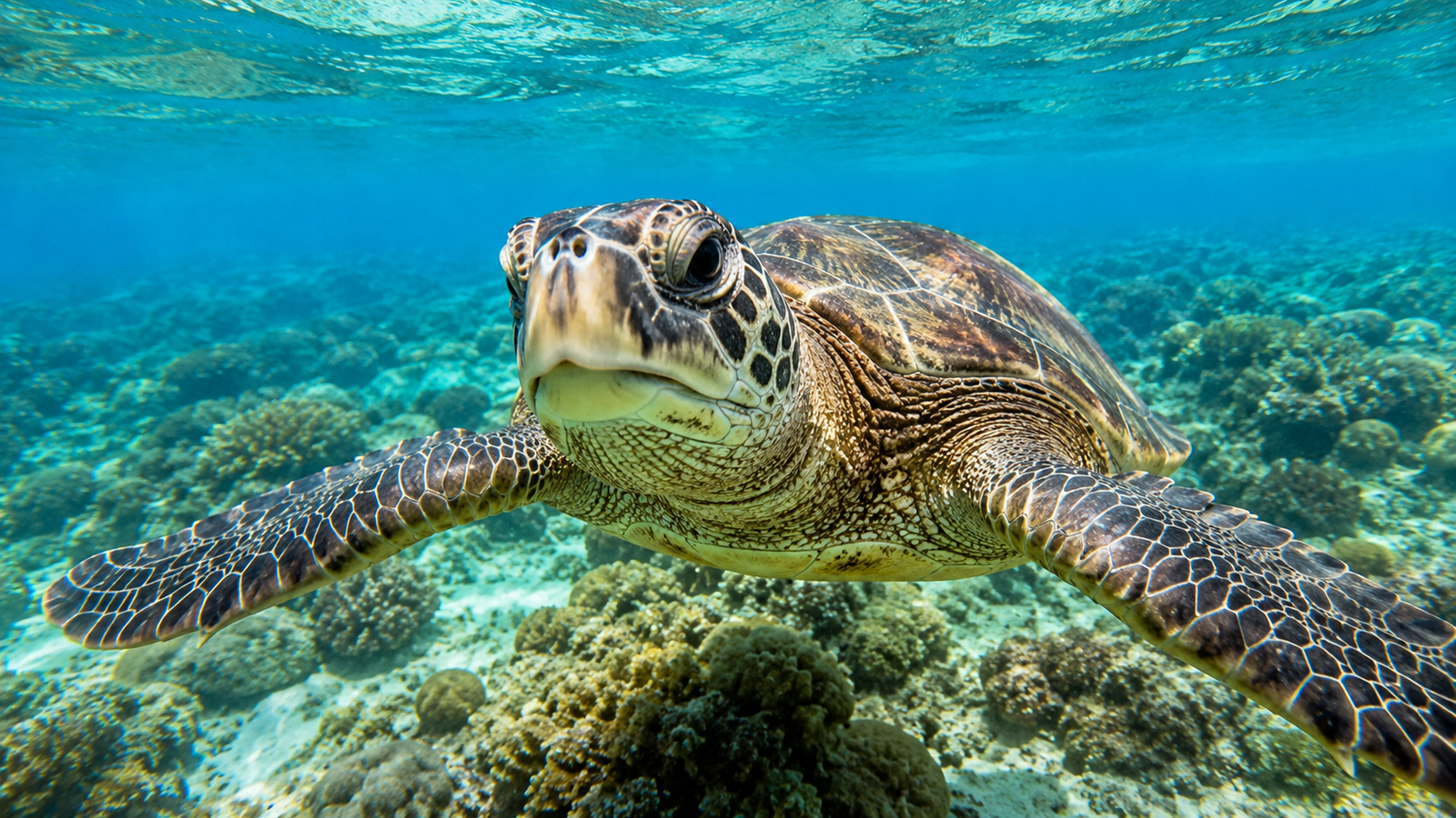 Green sea turtle swimming through the Apo Island marine sanctuary Philippines — calm clear blue water with coral reef in the background