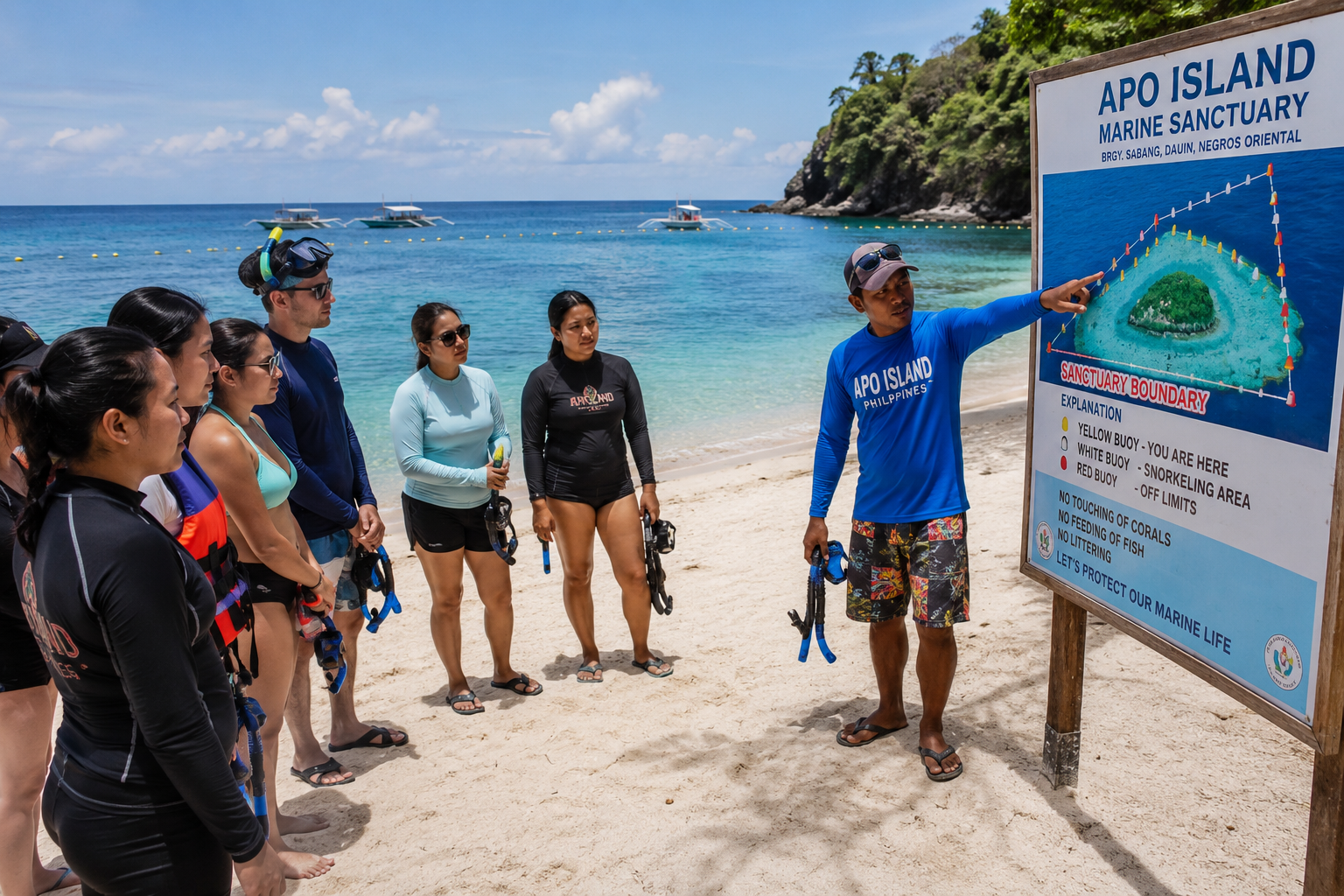 Local snorkeling guide briefing visitors on Apo Island beach before entering the marine sanctuary — showing sanctuary boundary markers and conservation rules Philippines