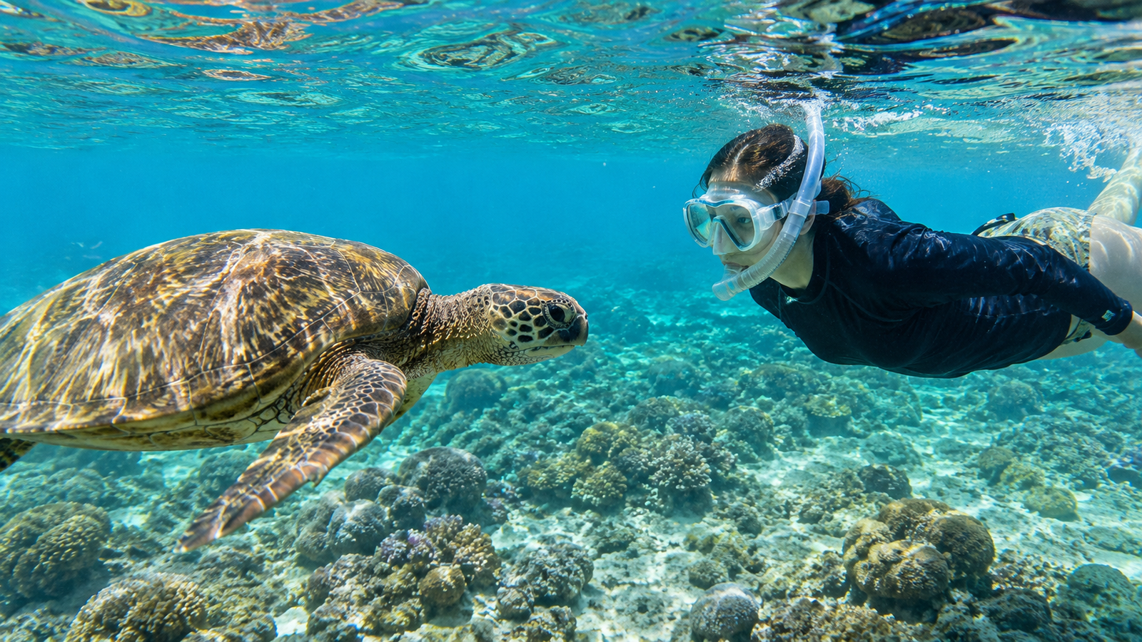 Snorkeler face to face with a green sea turtle at Turtle Point Apo Island Philippines — shallow clear turquoise water with coral reef visible below