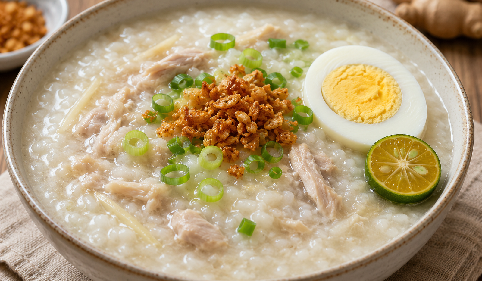 Arroz caldo Filipino ginger chicken rice porridge — thick creamy white congee with chicken pieces, topped with golden fried garlic, sliced scallions, hard-boiled egg, and calamansi wedge on the side