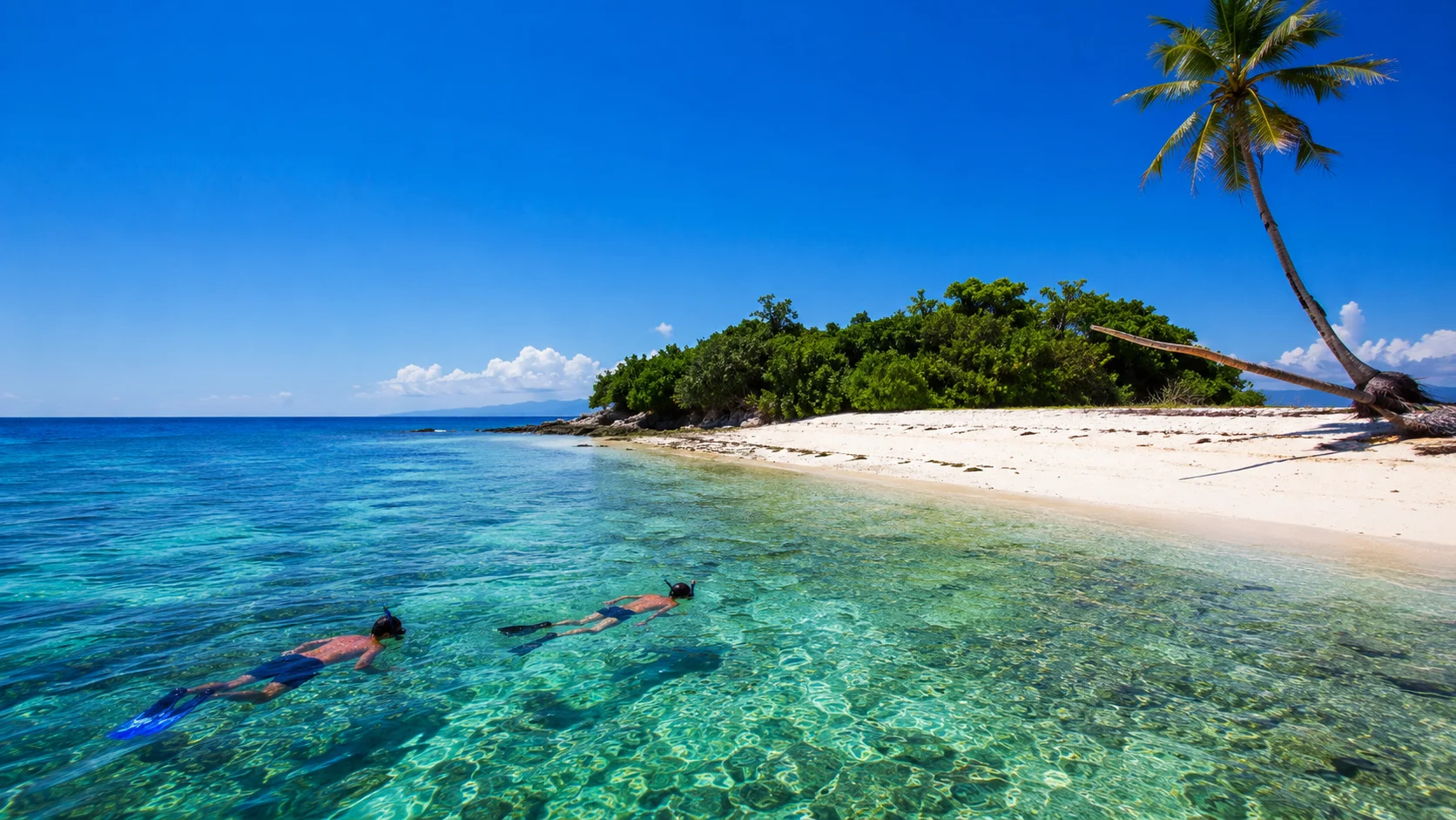 Virgin Island Bantayan Cebu Philippines — uninhabited white sand islet with crystal-clear turquoise water and reef visible below, accessible by 15-minute boat ride from Santa Fe port