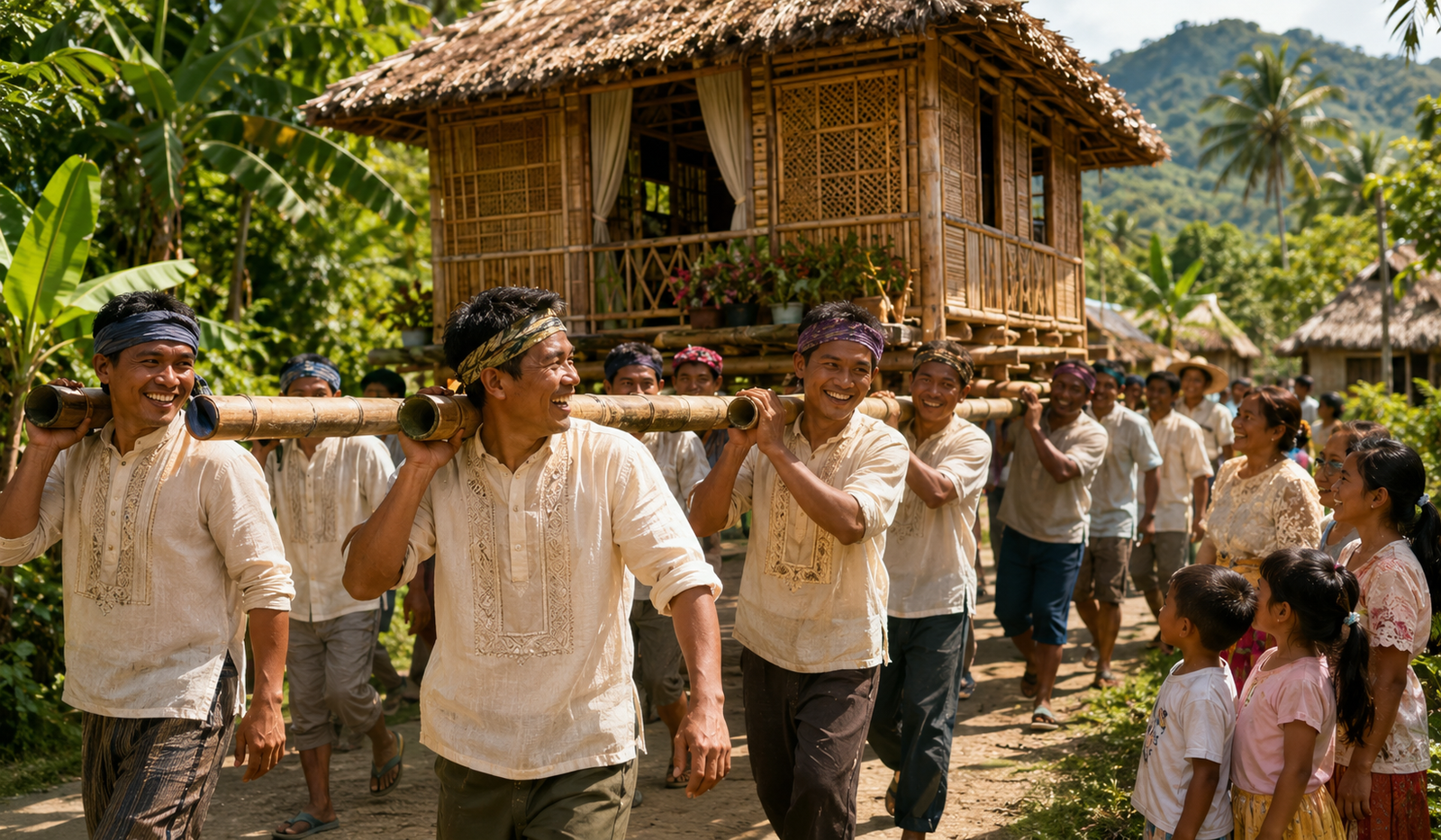 Bayanihan — a Filipino community working together to carry a neighbor's house on bamboo poles, the most iconic symbol of Filipino communal unity and cooperation