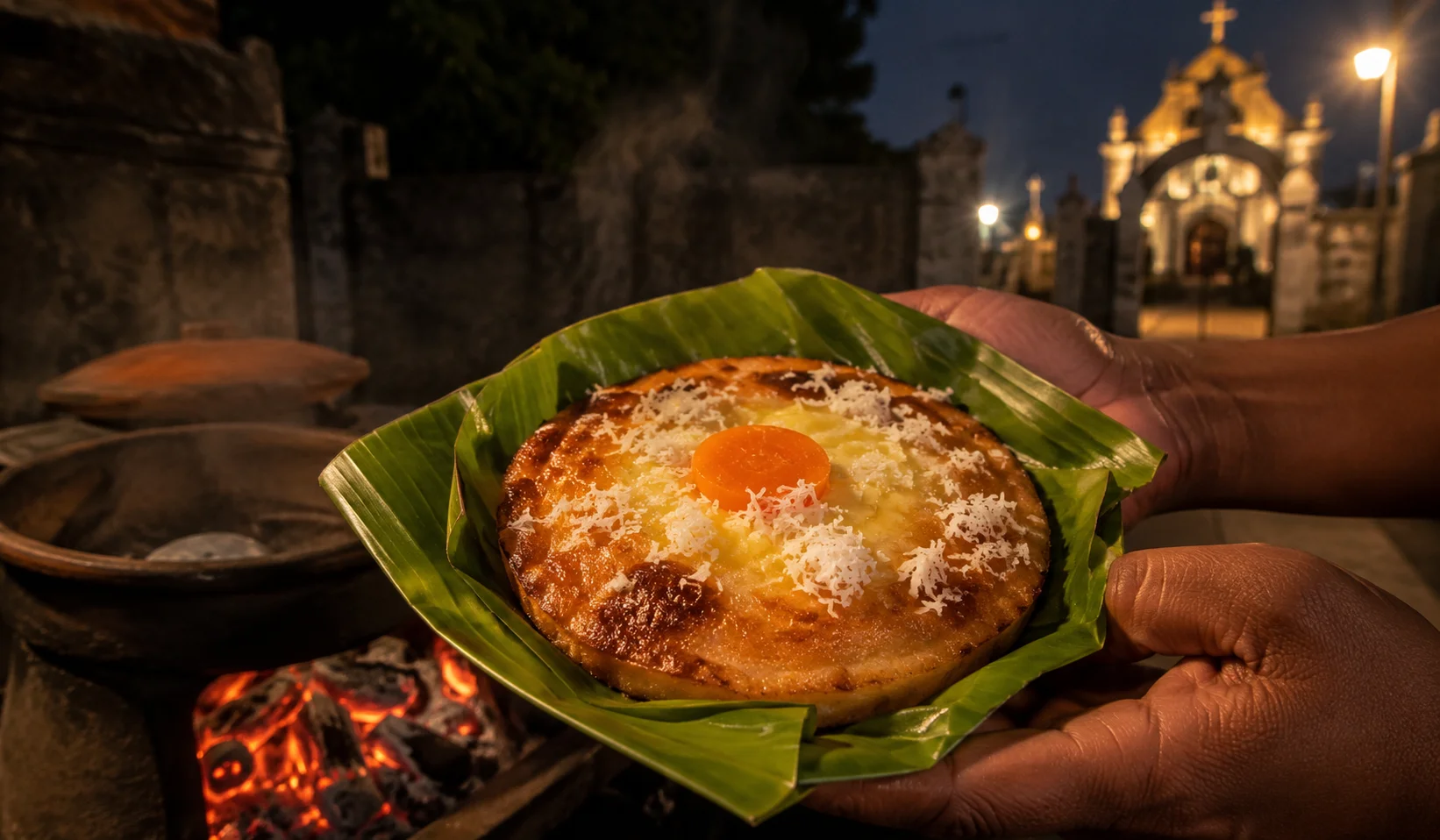 Bibingka Filipino Christmas rice cake — freshly baked on banana leaf with orange salted egg, melted butter and grated coconut topping, still steaming from clay pot charcoal oven