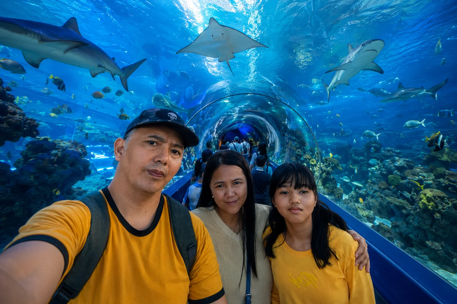 Giovanni Carlo Bagayas with wife Maybel and daughter May Carl inside the tunnel aquarium at Cebu Ocean Park, smiling up at sharks and reef fish swimming overhead