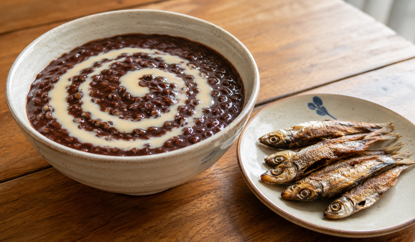 Champorado and tuyo Filipino breakfast — bowl of dark chocolate rice porridge with a swirl of evaporated milk beside a small plate of crispy tuyo dried salted fish, the most iconic sweet-salty Filipino breakfast combination
