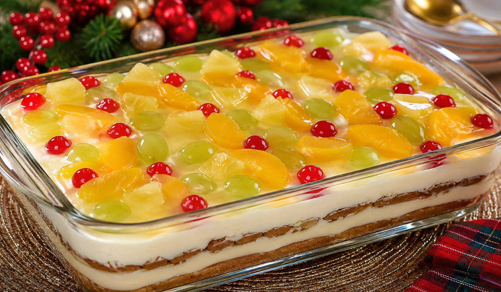 Crema de fruta Filipino Christmas dessert — jewel-like canned fruits sealed under clear gelatin glaze in a glass dish, showing layers of cream filling and graham crackers through the sides