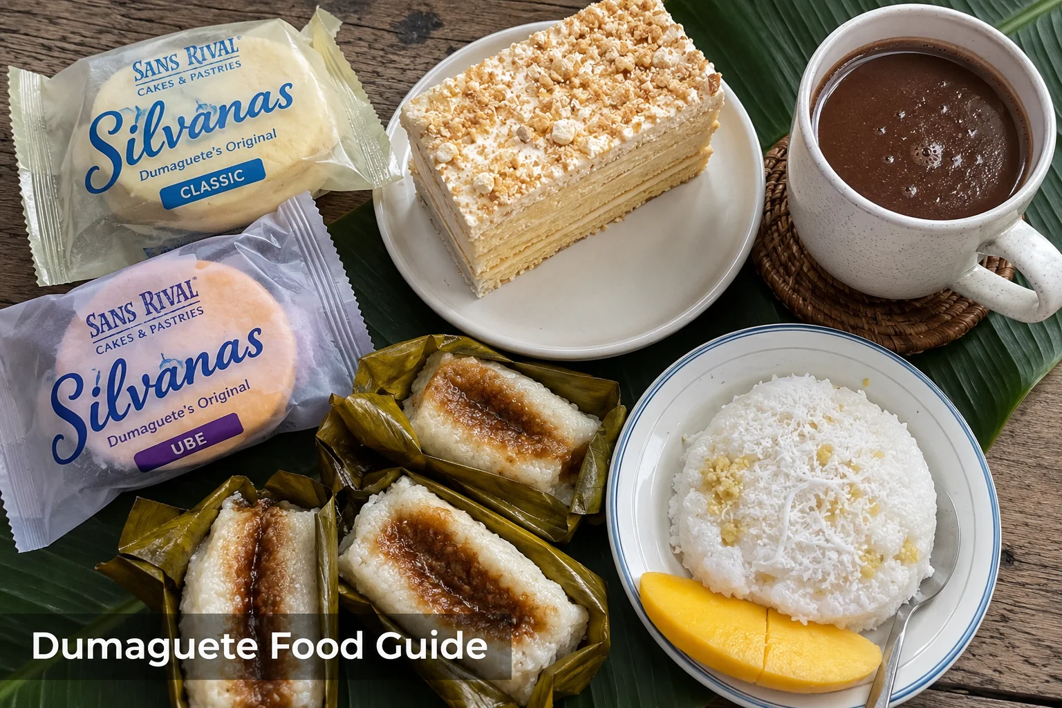 A spread of the best Dumaguete delicacies including silvanas, sans rival cake, budbud kabog, and puto maya — top local specialties and food gifts (pasalubong) from Dumaguete City, Philippines