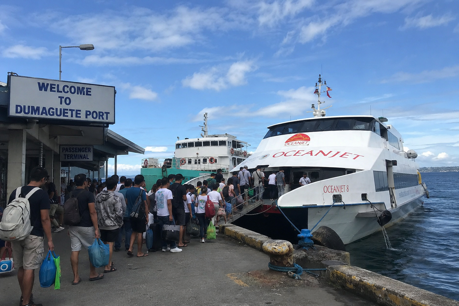 Dumaguete port with passengers boarding a ferry to Siquijor — showing the pier, vessels, and ticket booths at the Dumaguete City ferry terminal Philippines