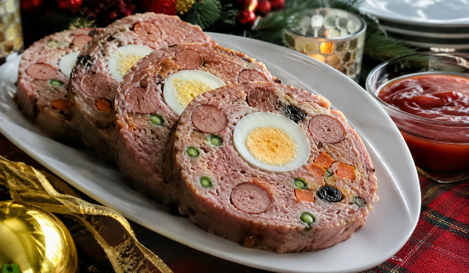 Embutido Filipino Christmas meatloaf sliced — showing cross-section with hard-boiled egg center, Vienna sausage, and pork filling with carrots and raisins, served on a white platter with banana ketchup