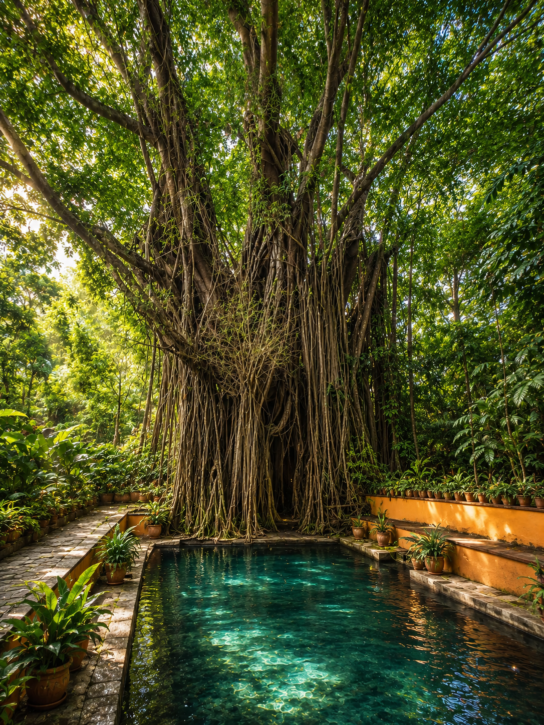 The 400-year-old Enchanted Balete Tree in Siquijor Philippines — massive trunk with hanging aerial roots and a natural freshwater fish spa at the base