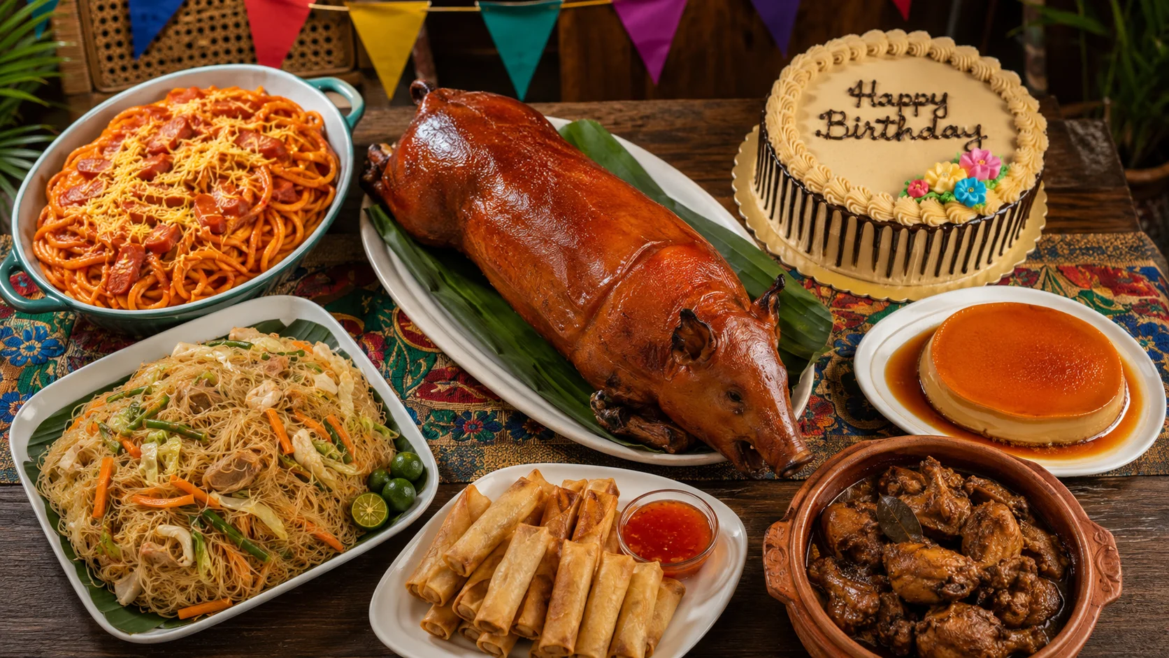 Filipino birthday party food spread — pancit bihon, lumpia, lechon, Filipino spaghetti and leche flan on a festively decorated table