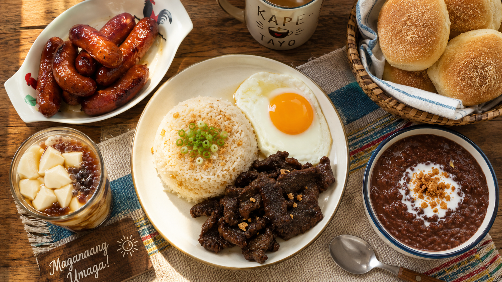 Filipino breakfast food spread — tapsilog with garlic fried rice, fried egg and tapa beef, longganisa sausage, pandesal bread rolls and taho in a glass, typical Filipino morning meal