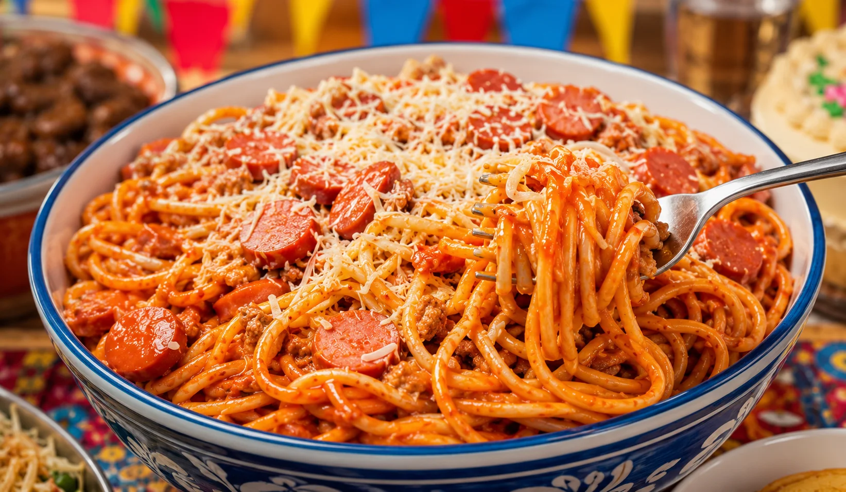 Filipino-style birthday spaghetti — sweet orange-red sauce with sliced hotdogs, ground pork, and grated cheese on top, the most iconic Filipino children's birthday party dish