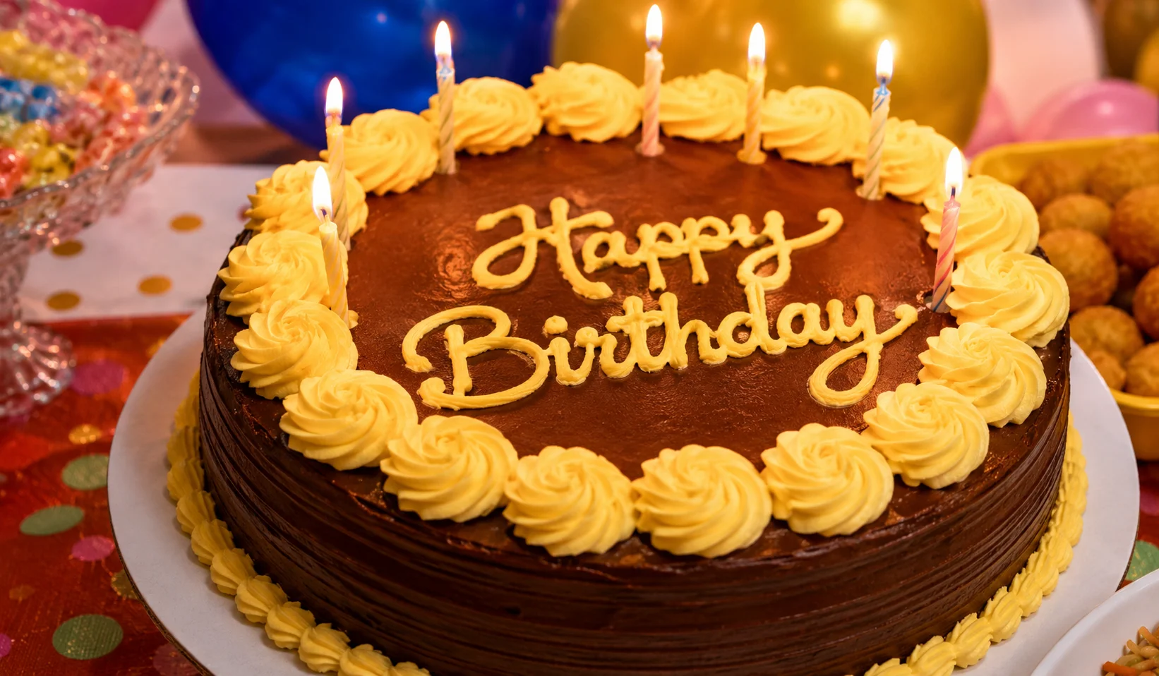 Goldilocks birthday cake Philippines — traditional Filipino mocha dedication cake with yellow buttercream rosettes and Happy Birthday written in cursive icing with lit candles