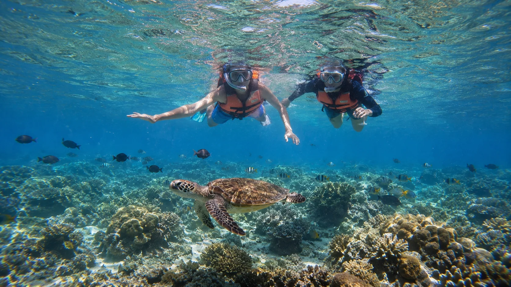 Hilutungan Island Marine Sanctuary Mactan Cebu — snorkelers in crystal clear water above colorful coral reef gardens with schooling tropical fish, one of the best snorkeling spots near Mactan