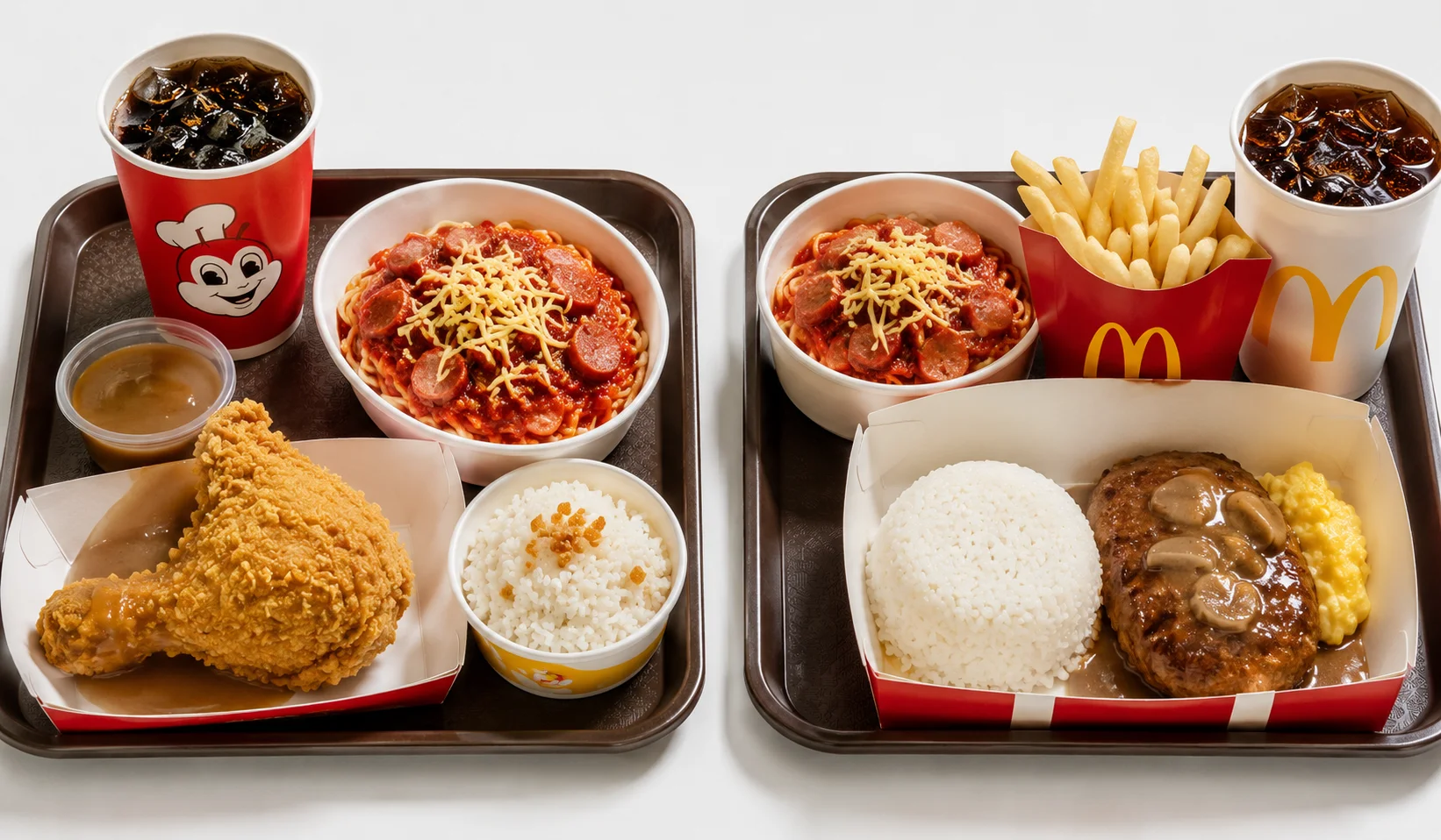 Filipino fast food vs American fast food — two meal trays showing Jollibee-style Chickenjoy with rice and sweet spaghetti versus a McDonald's Philippines rice meal, showing how the Philippines Filipinized American fast food culture