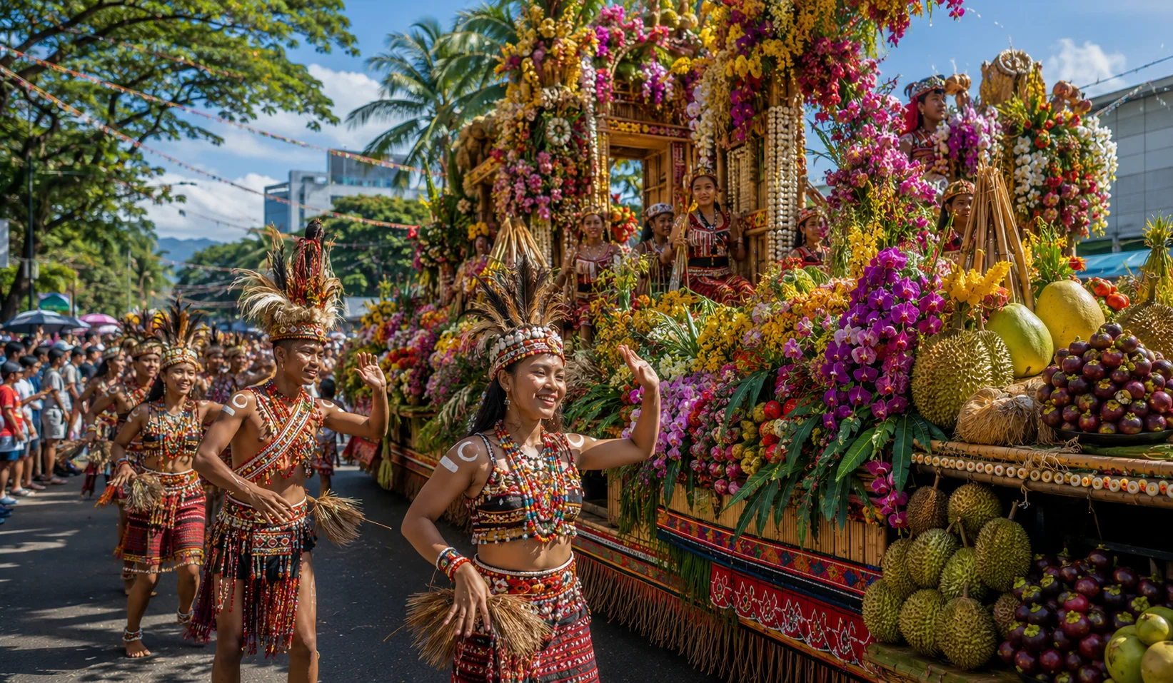 Kadayawan Festival Davao City — Pamulak sa Kadayawan floral float parade with Mindanao tropical flowers, orchids and fruits, indigenous tribal performers in traditional attire alongside