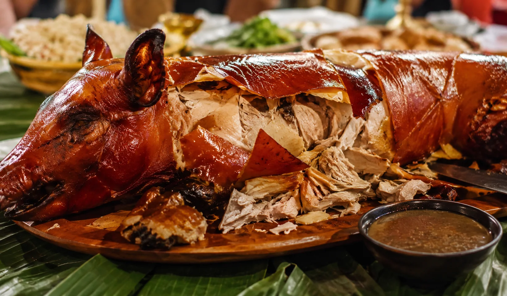 Lechon Filipino birthday party food — whole spit-roasted pig with golden crispy skin carved open on a banana leaf platter, the undisputed centerpiece of every Filipino birthday feast