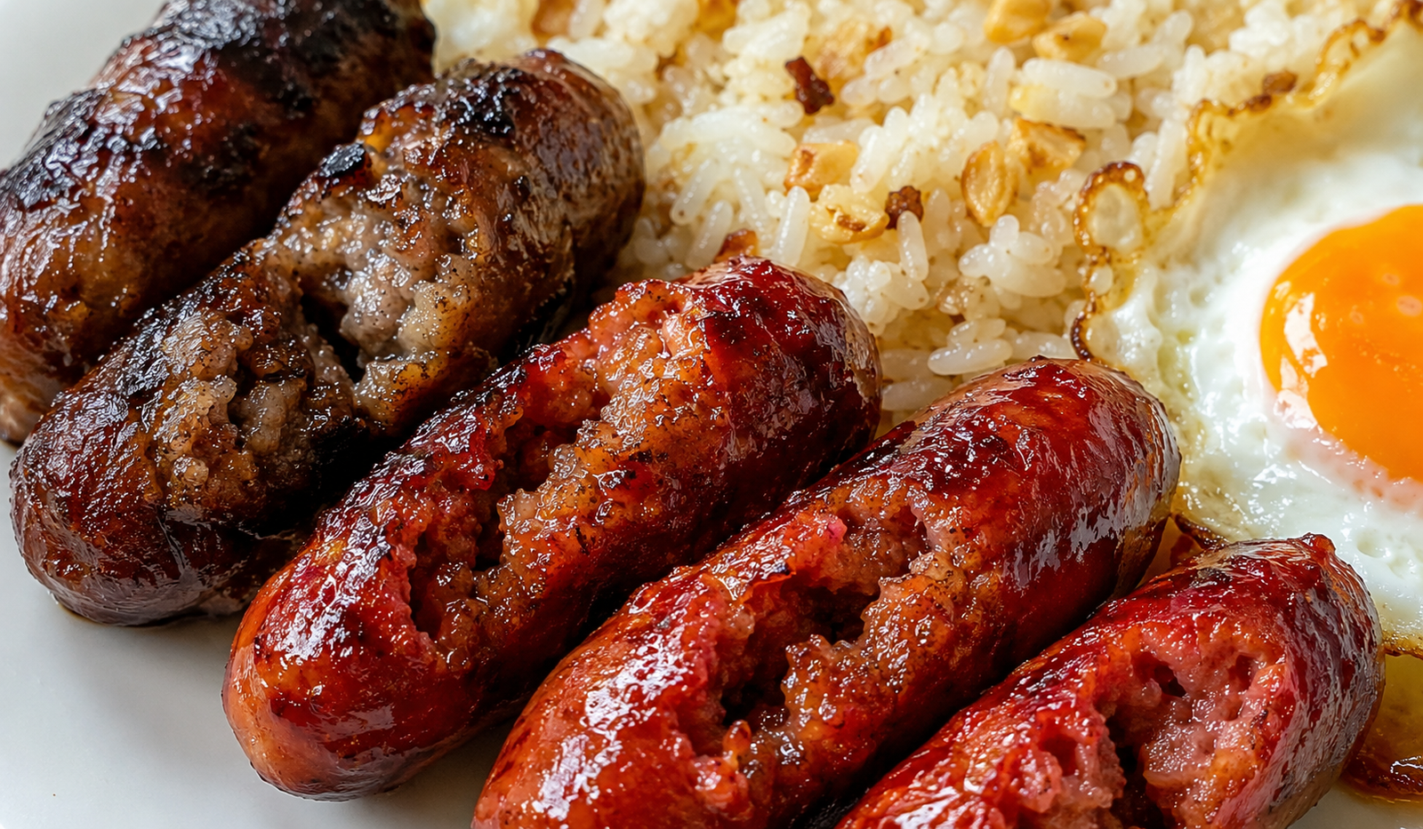 Longsilog Filipino breakfast — caramelized Filipino longganisa sausages split open beside garlic fried rice and a fried egg, showing the difference between sweet Pampanga style and garlicky Vigan style