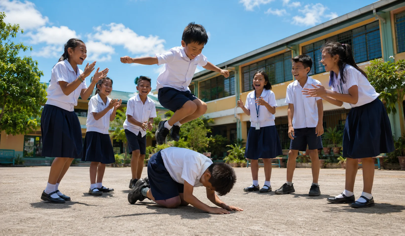 Filipino school children laughing and playing Luksong Baka together in a school yard — showing the social, physical, and cultural benefits of traditional Filipino games