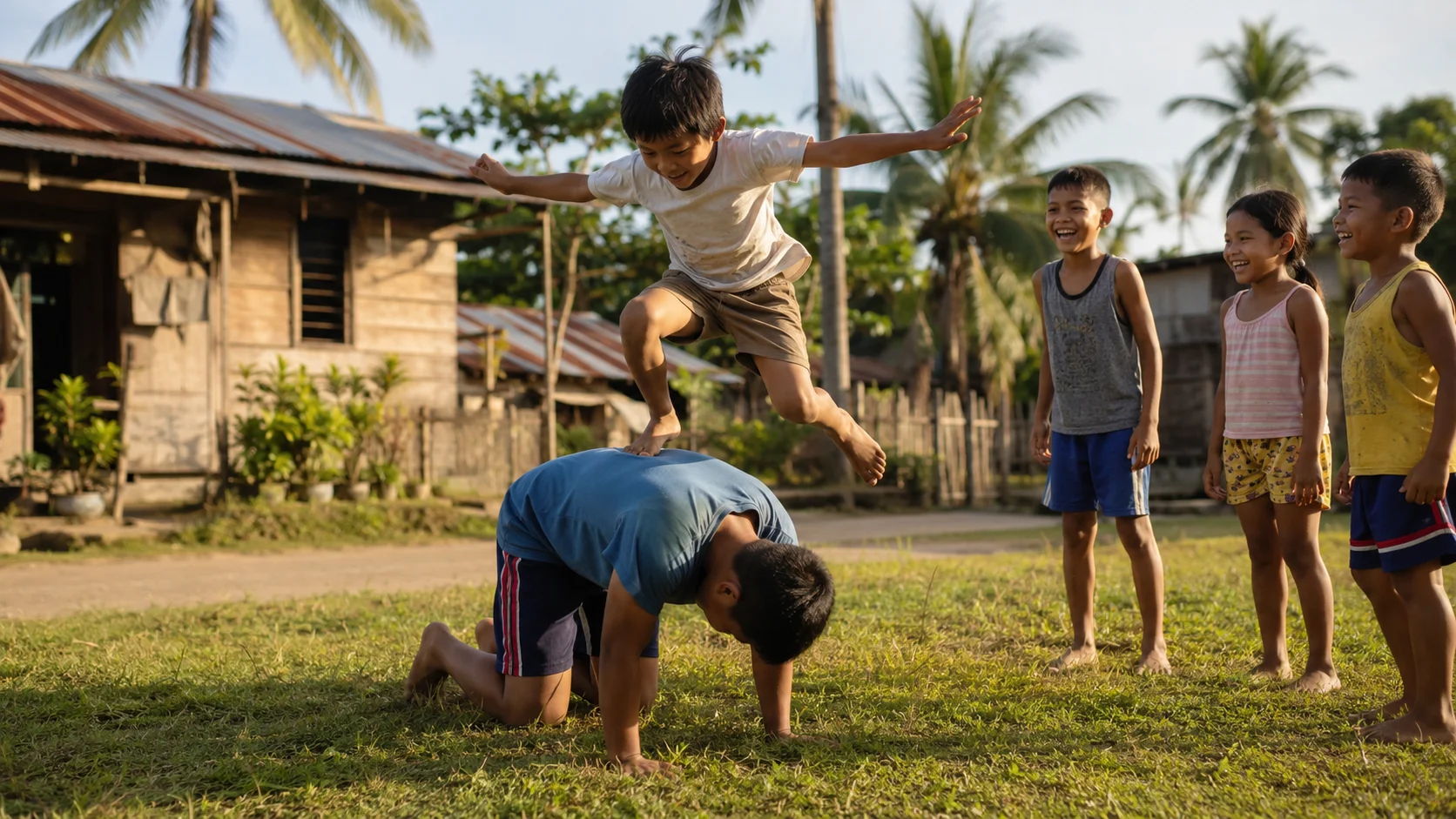 Luksong Baka — Filipino children playing the traditional jumping game, one child crouching as the baka while others leap over in a grassy barangay yard