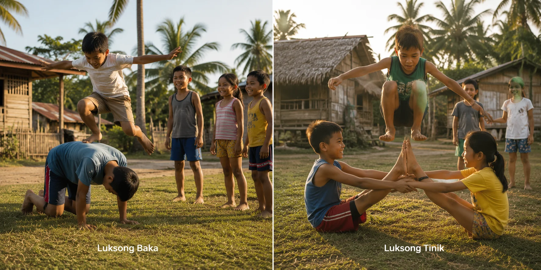 Luksong Tinik vs Luksong Baka — two traditional Filipino jumping games compared side by side showing different obstacle structures and team formats