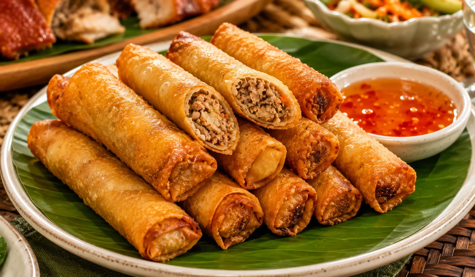 Lumpia Shanghai Filipino birthday party food — crispy golden fried spring rolls with one broken open showing savory ground pork filling, served with sweet chili dipping sauce