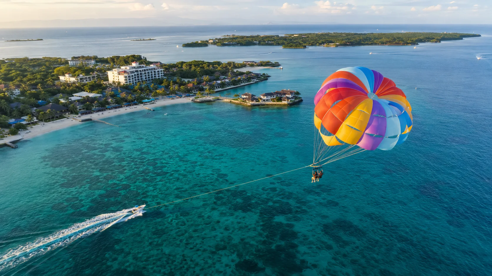 Mactan Island water sports Cebu — parasailing over the turquoise waters of Mactan with the resort strip and Hilutungan island visible below, one of the most popular activities in Mactan Cebu