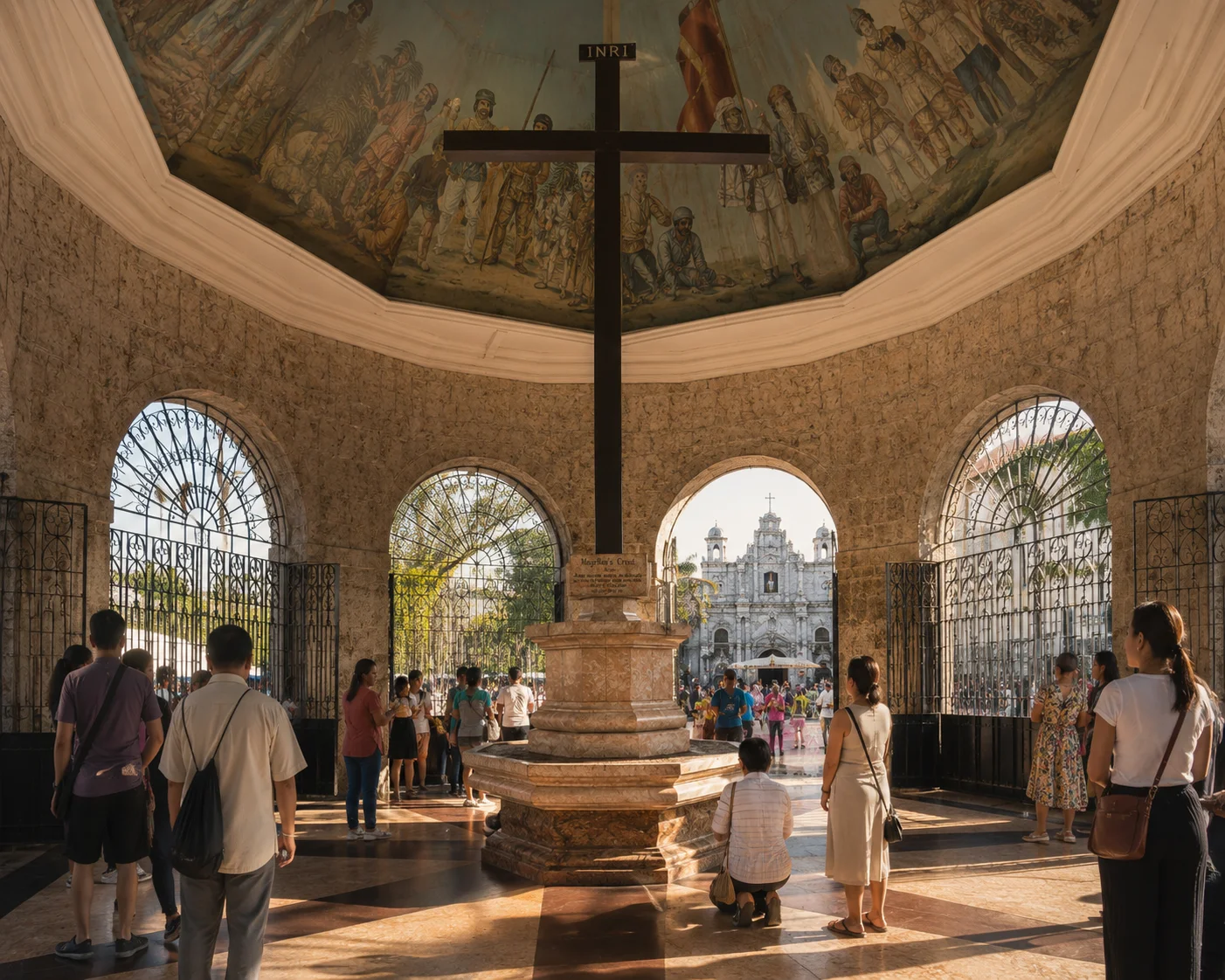 Cebu Philippines Travel Guide 2026: Tourist Spots, Beaches & Tips 16 Magellan's Cross Cebu City Philippines — historic 1521 landmark inside chapel pavilion with Basilica Minore del Santo Niño in background