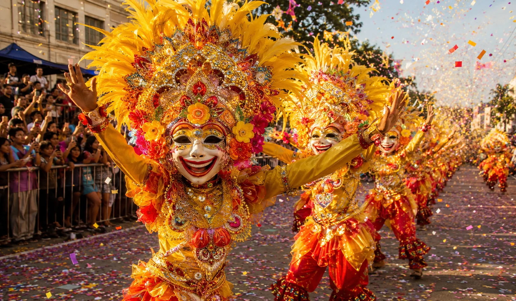 MassKara Festival Bacolod City — street dancers wearing giant elaborately decorated smiling masks with flowers and feathers performing in jubilant formation during the Festival of Smiles in October