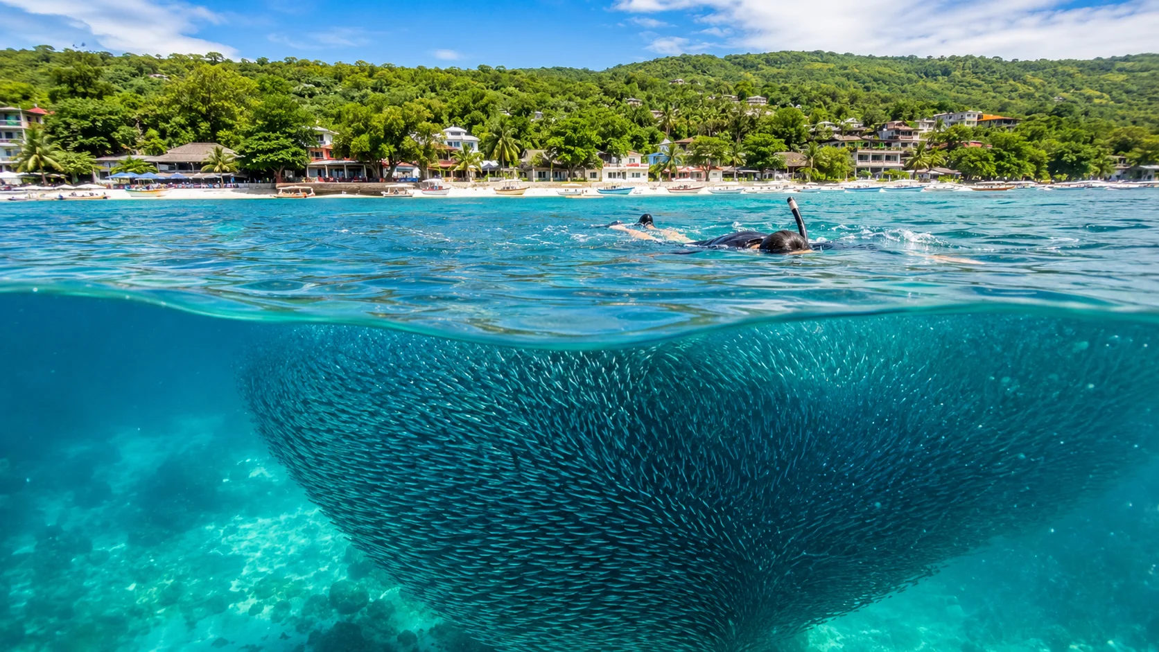 Moalboal Cebu Philippines — snorkeler surrounded by millions of sardines in the famous Moalboal sardine run bait ball at Panagsama Beach with a sea turtle visible below