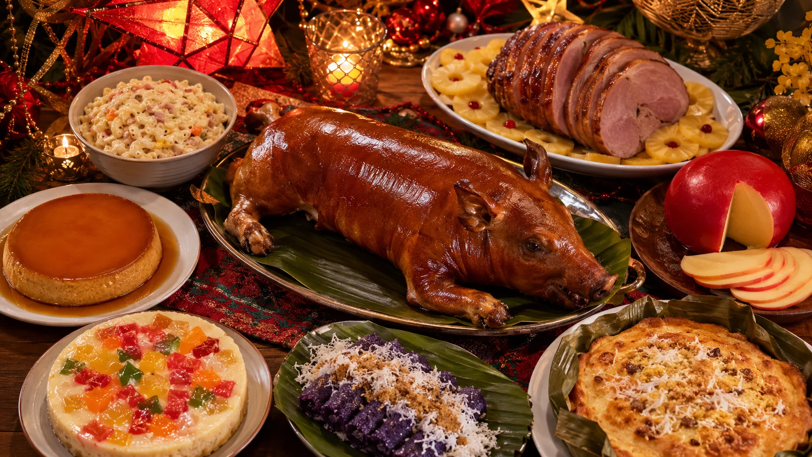 Traditional Filipino Christmas food Noche Buena spread — hamon, queso de bola, bibingka, puto bumbong, lechon, crema de fruta and leche flan on a festive Christmas table