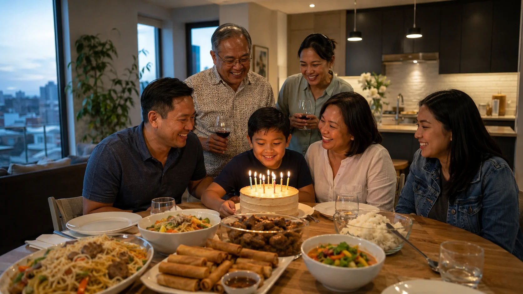OFW Filipino birthday party abroad — Filipino family celebrating a birthday in a Western apartment with Filipino food spread including pancit, lumpia, and birthday cake on the table