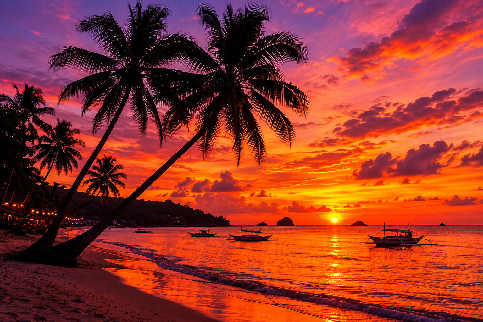 Paliton Beach Siquijor sunset — silhouette of coconut palm trees against a dramatic orange and pink sky over the Visayas Sea
