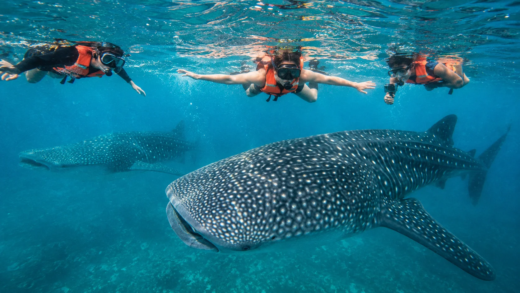 Snorkeler swimming with whale shark in Oslob Cebu Philippines — massive butanding whale shark gliding beneath snorkeler in shallow turquoise water at Tan-awan