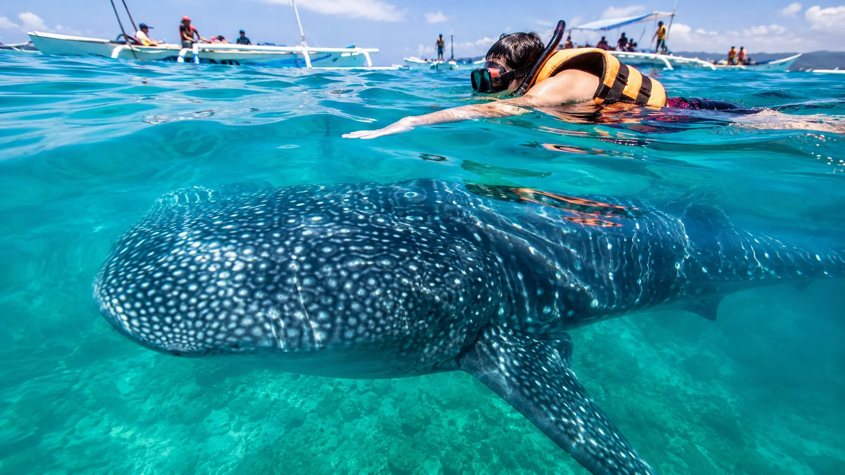 Oslob whale shark watching Cebu Philippines — snorkeler swimming alongside massive whale shark butanding in turquoise water at Barangay Tan-awan Oslob