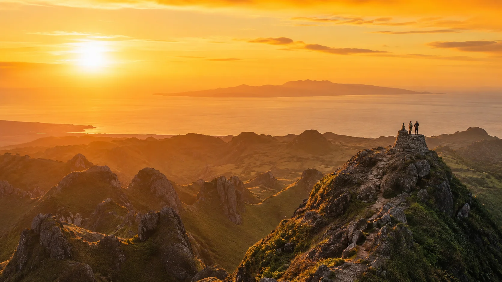 Osmena Peak Cebu sunrise — golden light illuminating the jagged limestone hills of Dalaguete with the Tañon Strait and Negros Island visible on the horizon during the best time to visit