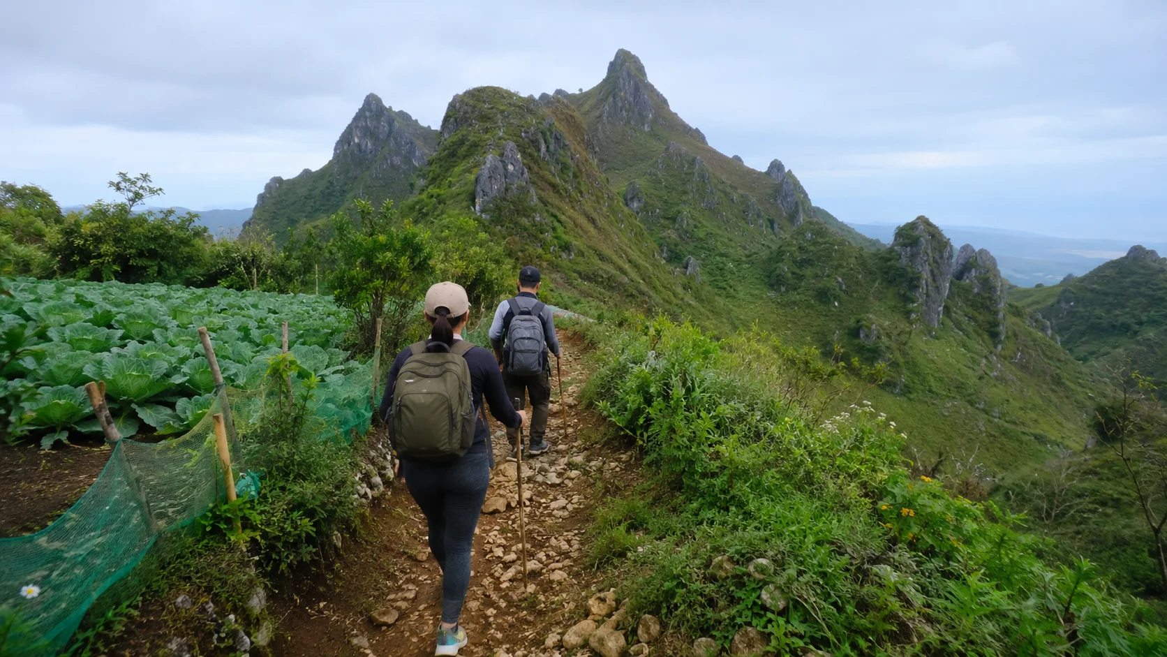 Osmena Peak Cebu trail — hikers walking the beginner-friendly path through vegetable farms and limestone hills toward the summit at 1013 metres above sea level in Dalaguete Cebu