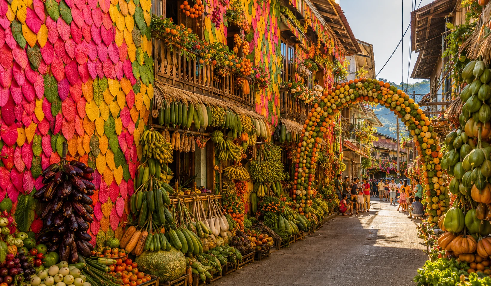 Pahiyas Festival Lucban Quezon — houses covered floor to ceiling with kiping rice wafers in vivid colors, vegetables, and tropical fruits for the feast of San Isidro Labrador on May 15